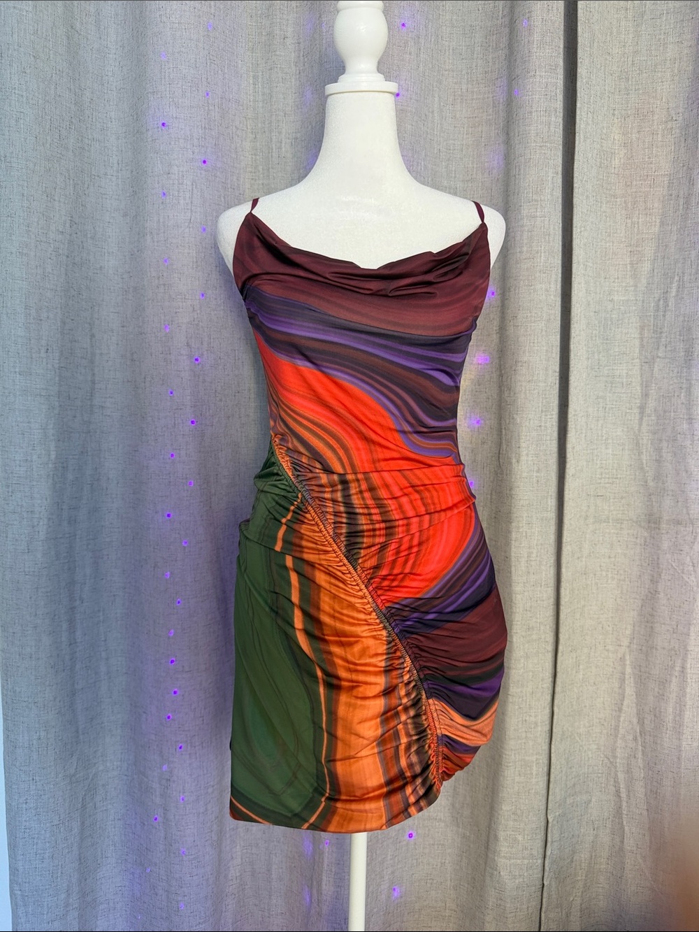 AFRM Multicolor Cowl Neck Ruched Mini Dress in Red, Orange, Purple, Green